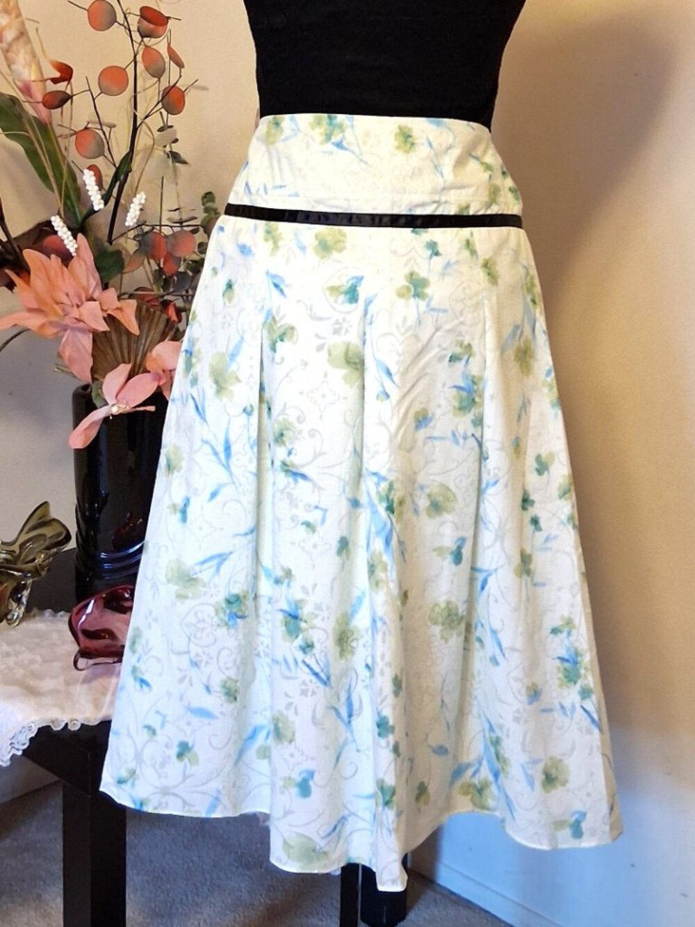 Floral Pleated Lined Midi Skirt A-Line Flared Quality Green Summer Skirts 12 - Picture 6 of 10